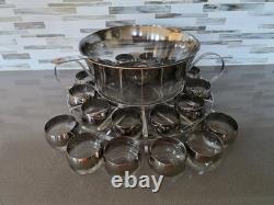MCM Dorothy Thorpe Style Silver Fade Punch Bowl 18 Roly Poly Glasses & Caddy