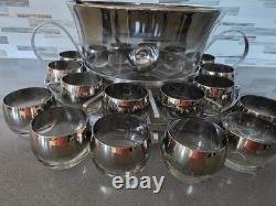 MCM Dorothy Thorpe Style Silver Fade Punch Bowl 18 Roly Poly Glasses & Caddy