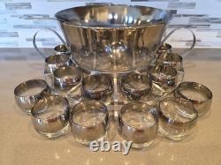 MCM Dorothy Thorpe Style Silver Fade Punch Bowl 18 Roly Poly Glasses & Caddy