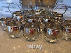 MCM Dorothy Thorpe Style Silver Fade Punch Bowl 18 Roly Poly Glasses & Caddy