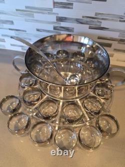 MCM Dorothy Thorpe Style Silver Fade Punch Bowl 18 Roly Poly Glasses & Caddy