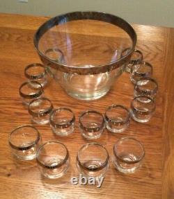 MCM Dorothy Thorpe Style Silver Rim Punch Bowl Set with 15 Roly Poly Glasses