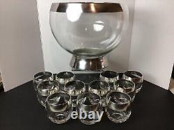 MCM Dorothy Thrope Mercury Silver Plate Band Roly Poly Glass Punch Bowl Set 12pc