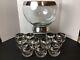 MCM Dorothy Thrope Mercury Silver Plate Band Roly Poly Glass Punch Bowl Set 12pc