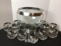 MCM Dorothy Thrope Mercury Silver Plate Band Roly Poly Glass Punch Bowl Set 12pc