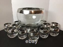 MCM Dorothy Thrope Mercury Silver Plate Band Roly Poly Glass Punch Bowl Set 12pc