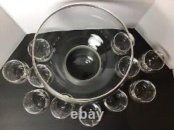 MCM Dorothy Thrope Mercury Silver Plate Band Roly Poly Glass Punch Bowl Set 12pc