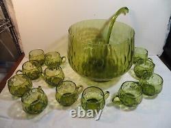 MCM Mid Century Modern Murano Olive Green Glass Punch Bowl Set 14 1960's