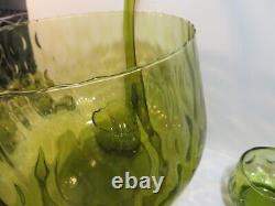 MCM Mid Century Modern Murano Olive Green Glass Punch Bowl Set 14 1960's