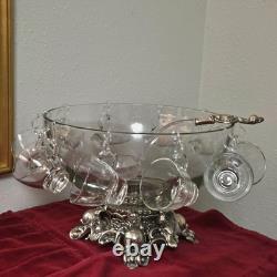 MCM Pitman-Dreitzer Crystal Punch Bowl Set 10 Cups Ornate Metal Stand Ladle Rare