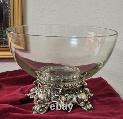 MCM Pitman-Dreitzer Crystal Punch Bowl Set 10 Cups Ornate Metal Stand Ladle Rare