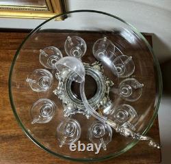 MCM Pitman-Dreitzer Crystal Punch Bowl Set 10 Cups Ornate Metal Stand Ladle Rare
