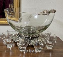 MCM Pitman-Dreitzer Crystal Punch Bowl Set 10 Cups Ornate Metal Stand Ladle Rare