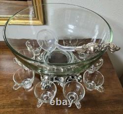 MCM Pitman-Dreitzer Crystal Punch Bowl Set 10 Cups Ornate Metal Stand Ladle Rare