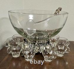 MCM Pitman-Dreitzer Crystal Punch Bowl Set 10 Cups Ornate Metal Stand Ladle Rare