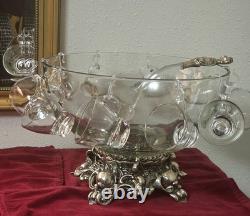 MCM Pitman-Dreitzer Crystal Punch Bowl Set 10 Cups Ornate Metal Stand Ladle Rare
