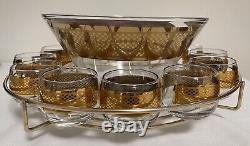 MCM Punch Bowl Set Roly Poly Cups Caddy Gold Checkerboard Culver