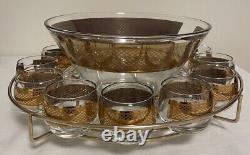 MCM Punch Bowl Set Roly Poly Cups Caddy Gold Checkerboard Culver