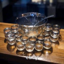 MCM Silver Fade Glass Full Punch Bowl Set 22 Roly Poly Cups Dorothy Thorpe Style
