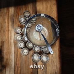 MCM Silver Fade Glass Full Punch Bowl Set 22 Roly Poly Cups Dorothy Thorpe Style