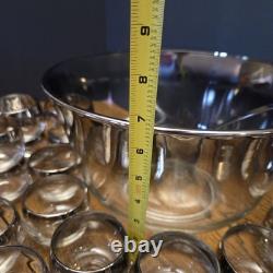 MCM Silver Fade Glass Full Punch Bowl Set 22 Roly Poly Cups Dorothy Thorpe Style
