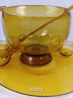 MCM Vintage Amber Glass Punch Bowl Handblown Bubble Bolle
