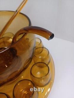MCM Vintage Amber Glass Punch Bowl Handblown Bubble Bolle