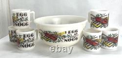 MCM Vintage Hazel Atlas Gay Fad Violin Milk Glass Egg Nog Punch Bowl With 6 Mugs