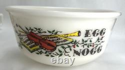 MCM Vintage Hazel Atlas Gay Fad Violin Milk Glass Egg Nog Punch Bowl With 6 Mugs