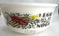 MCM Vintage Hazel Atlas Gay Fad Violin Milk Glass Egg Nog Punch Bowl With 6 Mugs