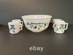 MCM Vintage Tom Jerry Glass Ski Skier Punch Bowl Set 4 Mugs Cups Hazel Atlas
