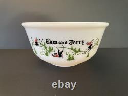 MCM Vintage Tom Jerry Glass Ski Skier Punch Bowl Set 4 Mugs Cups Hazel Atlas