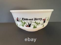 MCM Vintage Tom Jerry Glass Ski Skier Punch Bowl Set 4 Mugs Cups Hazel Atlas