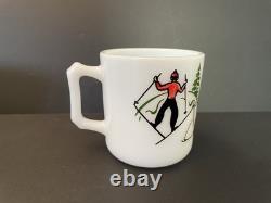 MCM Vintage Tom Jerry Glass Ski Skier Punch Bowl Set 4 Mugs Cups Hazel Atlas