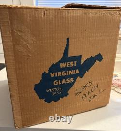 MCM WEST VIRGINIA GLASS PUNCH Round BOWL SET W Ladle & 12 Glasses ORIGINAL BOX