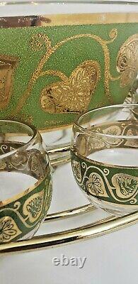 MID-CENTURY Culver Roly Poly Punch Bowl Set 11 Glasses Stand Ladle GOLD & GREEN