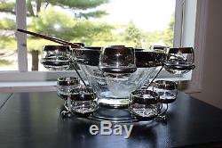 MID Century 2 Tier Punch Bowl & 12 Roly Poly Silver Band Glasses Dorothy Thorpe