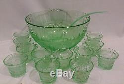 MINT 14 Pc TIARA Chantilly Green Punch Bowl, 12 Cups & Ladle Indiana Glass