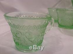 MINT 14 Pc TIARA Chantilly Green Punch Bowl, 12 Cups & Ladle Indiana Glass