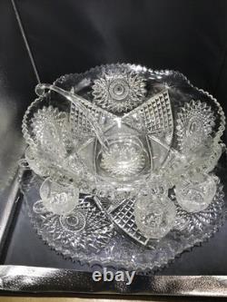 MINT Boxed 15pc Imperial Whirling Star Lead Crystal Punch Set UV Manganese