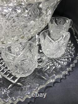MINT Boxed 15pc Imperial Whirling Star Lead Crystal Punch Set UV Manganese