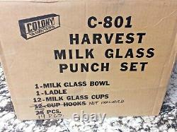 MINT in BOX Vintage Harvest Colony Milk Glass Punch Bowl /Ladle 12 Cups