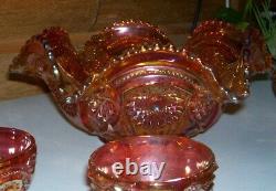 Marigold Carnival Glass Punch Bowl & Six Cups Iridescent