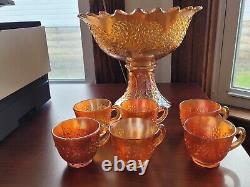 Marigold Fenton Carnival Glass Orange Tree Pattern Punch Bowl & 6 Punch Cups