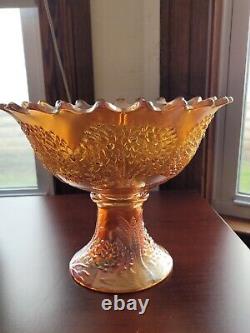 Marigold Fenton Carnival Glass Orange Tree Pattern Punch Bowl & 6 Punch Cups