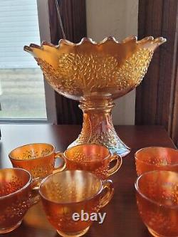 Marigold Fenton Carnival Glass Orange Tree Pattern Punch Bowl & 6 Punch Cups