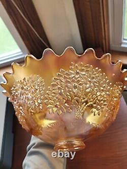 Marigold Fenton Carnival Glass Orange Tree Pattern Punch Bowl & 6 Punch Cups