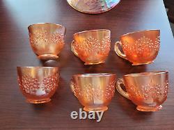 Marigold Fenton Carnival Glass Orange Tree Pattern Punch Bowl & 6 Punch Cups