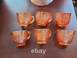 Marigold Fenton Carnival Glass Orange Tree Pattern Punch Bowl & 6 Punch Cups