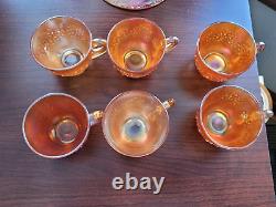 Marigold Fenton Carnival Glass Orange Tree Pattern Punch Bowl & 6 Punch Cups